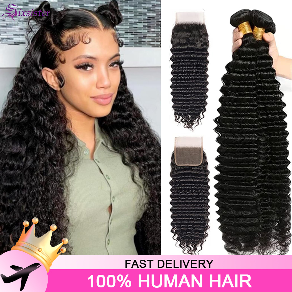 Deep Wave 3 Bundles With Closure - Rambut Manusia Deep Wave dengan Closure,