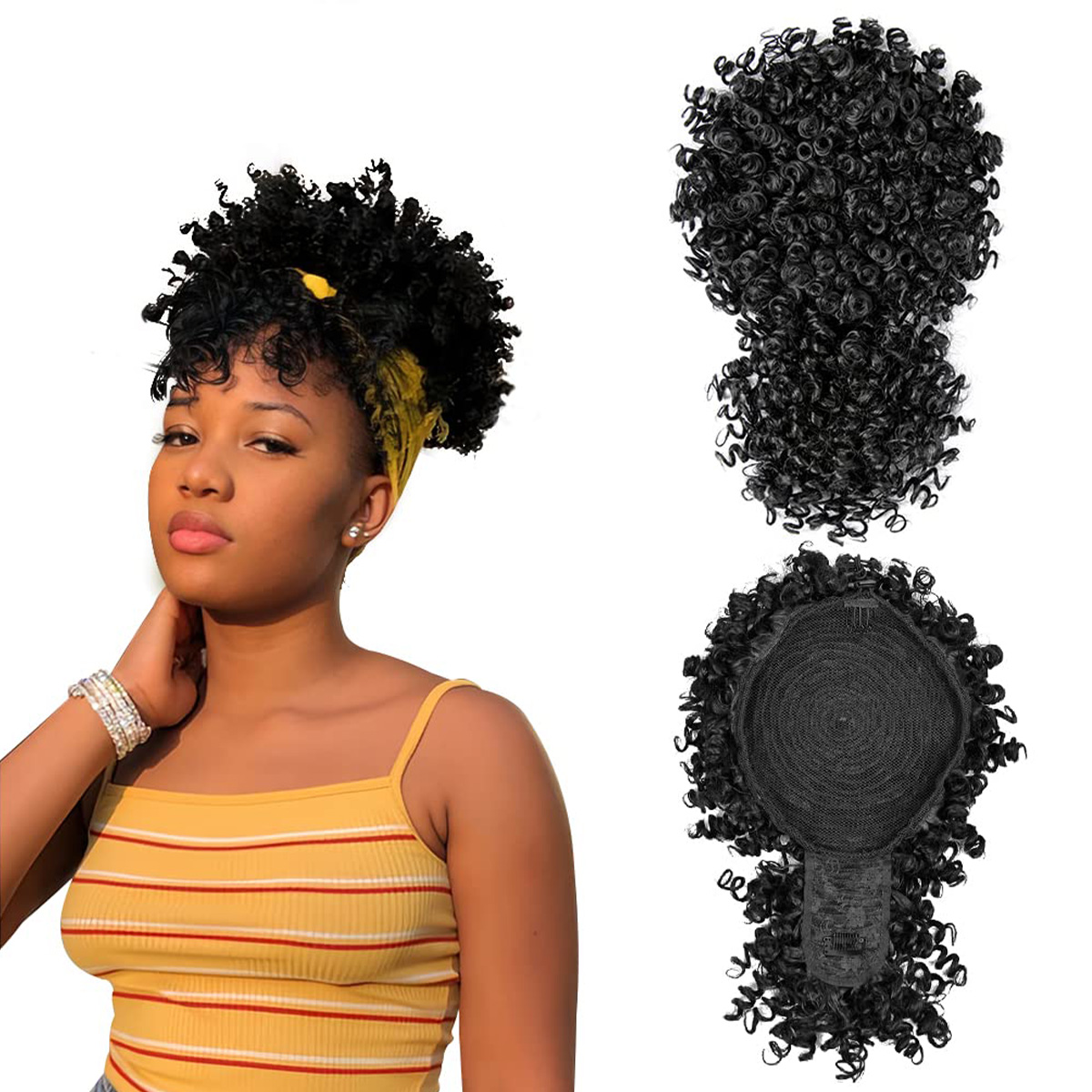 Drawstring Afro Curly Puff Ponytail - Afro Puff sintetis tali serut ekor