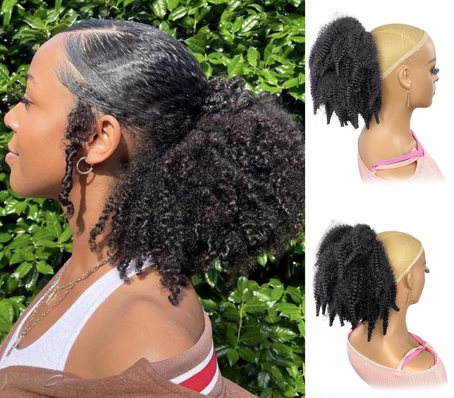 Drawstring Afro Curly Puff Ponytail - Rambut Marley Pendek 12 inci, Kuncir