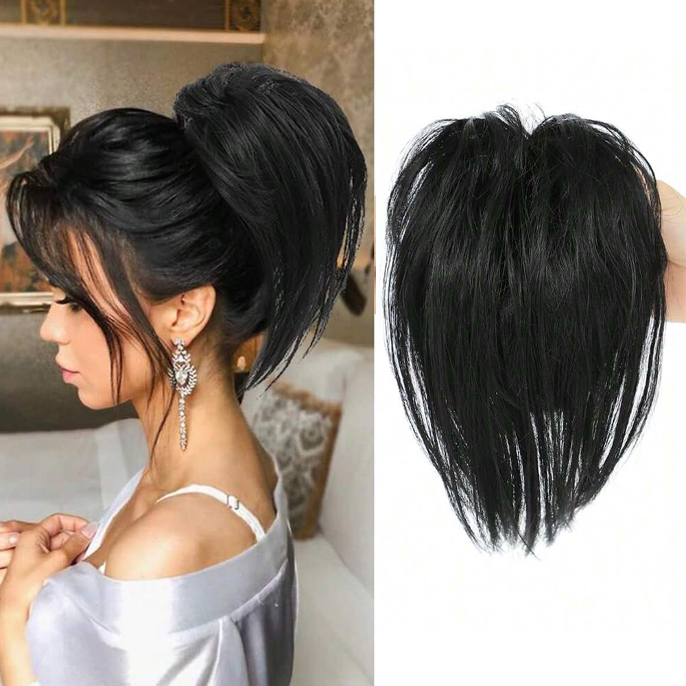 Claw Clip Messy Bun Hair Piece - Ekstensi rambut poni sintetis lurus berantakan,