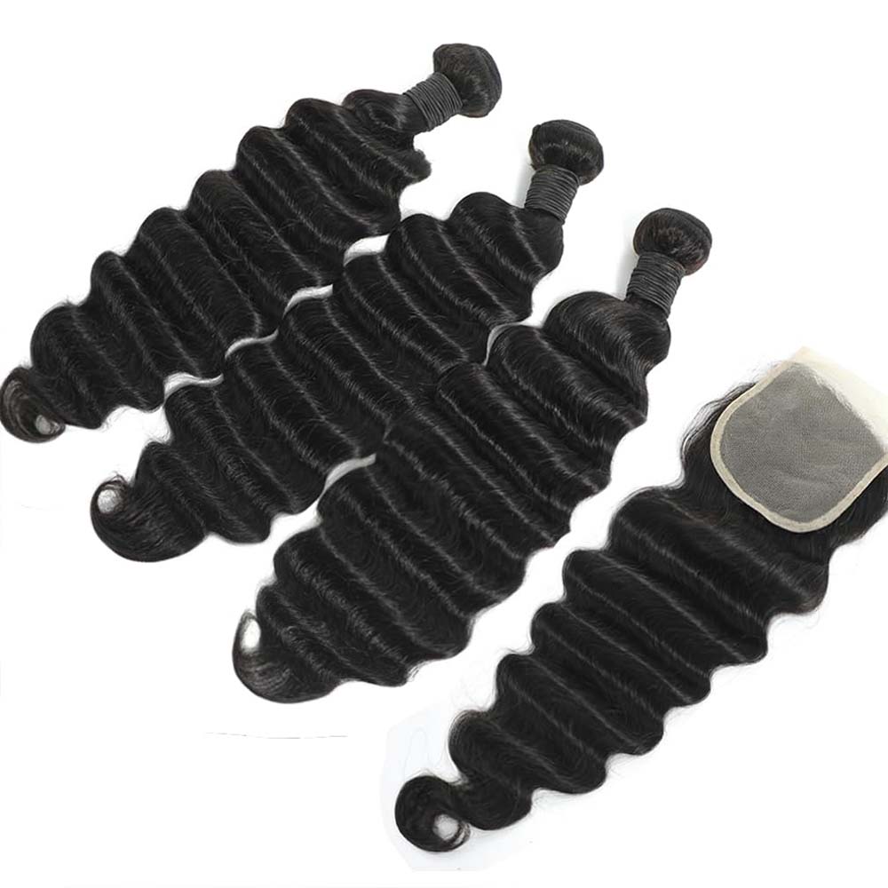 Deep Wave 3 Bundles With Closure - Rambut Manusia Asli Model Deep Wave