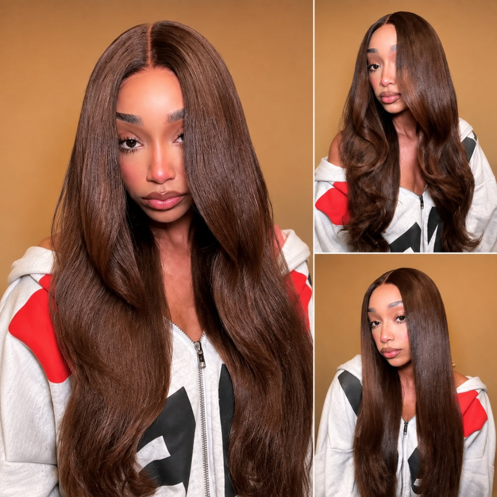 Hd Lace Frontal Wig Human Hair Pre Plucked - Wig Rambut Manusia Lurus Alami Cokelat