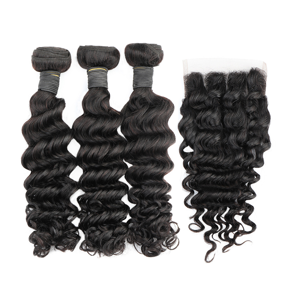 Deep Wave 3 Bundles With Closure - Bundel gelombang dalam dengan penutup rambut