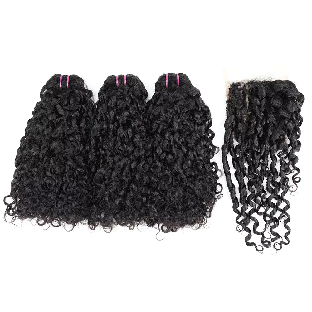 Deep Wave 3 Bundles With Closure - Rambut Pixie Curl dengan Closure, Rambut