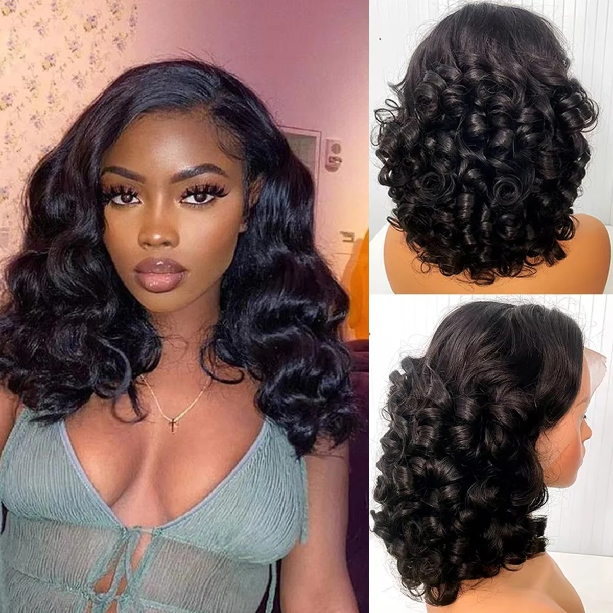 Wig Hitam Pendek Bob Bergelomb - Pre Parted 13X4 Lace Front Bob Wig ulasan dan harga