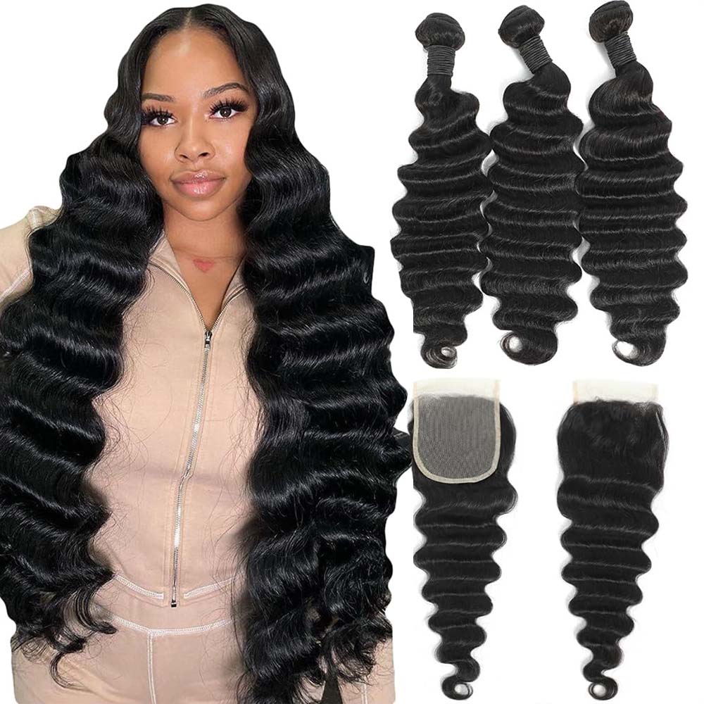 Rambut Manusia Asli Model Deep - Deep Wave 3 Bundles With Closure ulasan dan harga