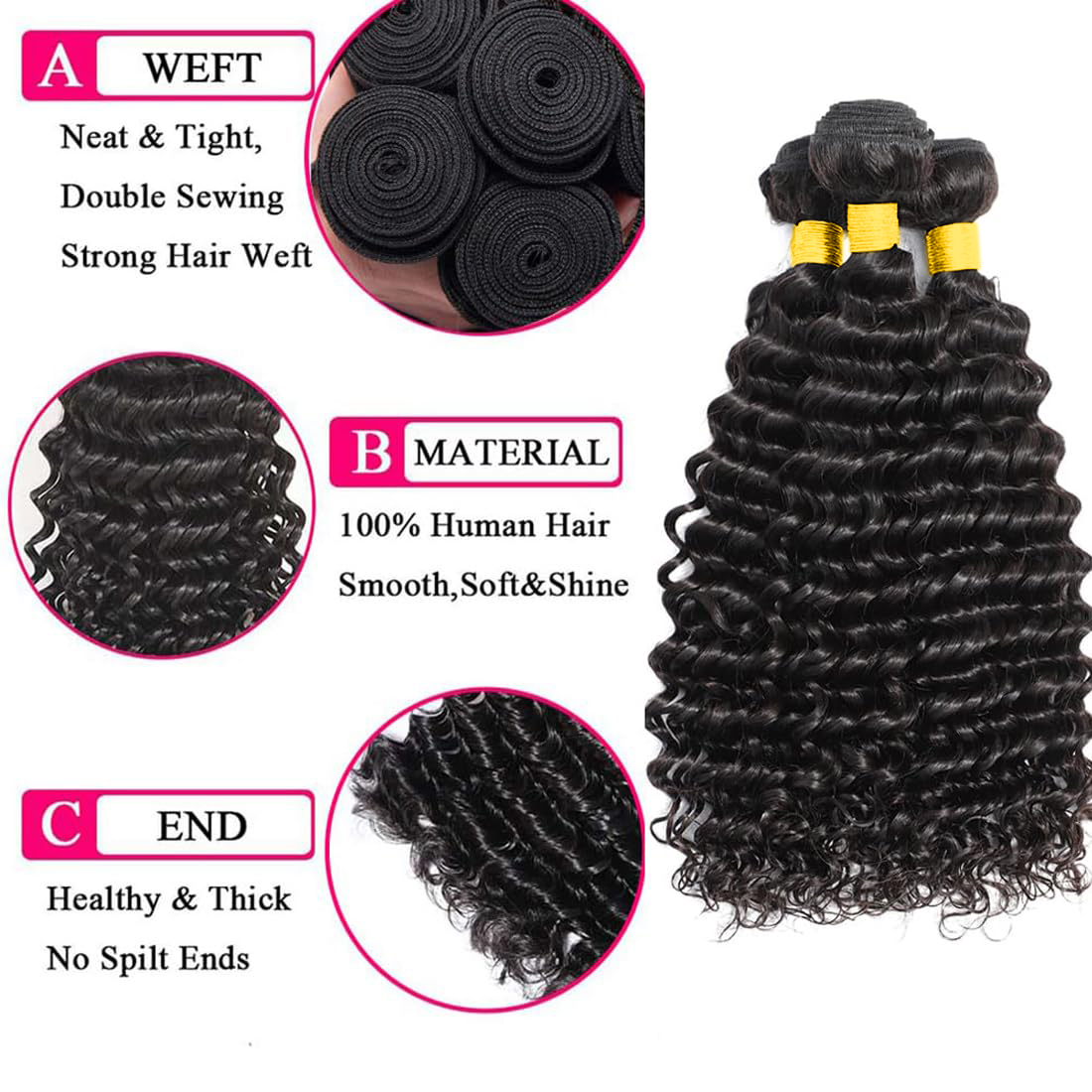 Rambut Manusia Bundel dengan C - Deep Wave 3 Bundles With Closure ulasan dan harga
