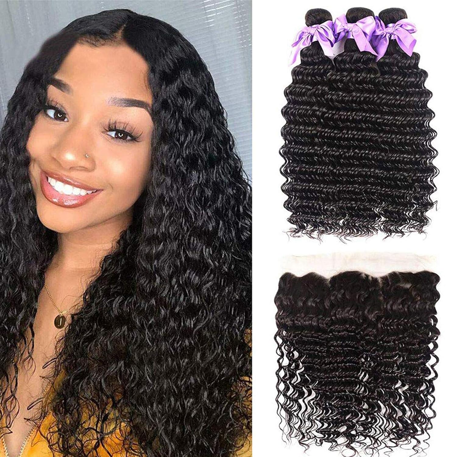 Bundel rambut manusia gelomban - Deep Wave 3 Bundles With Closure ulasan dan harga
